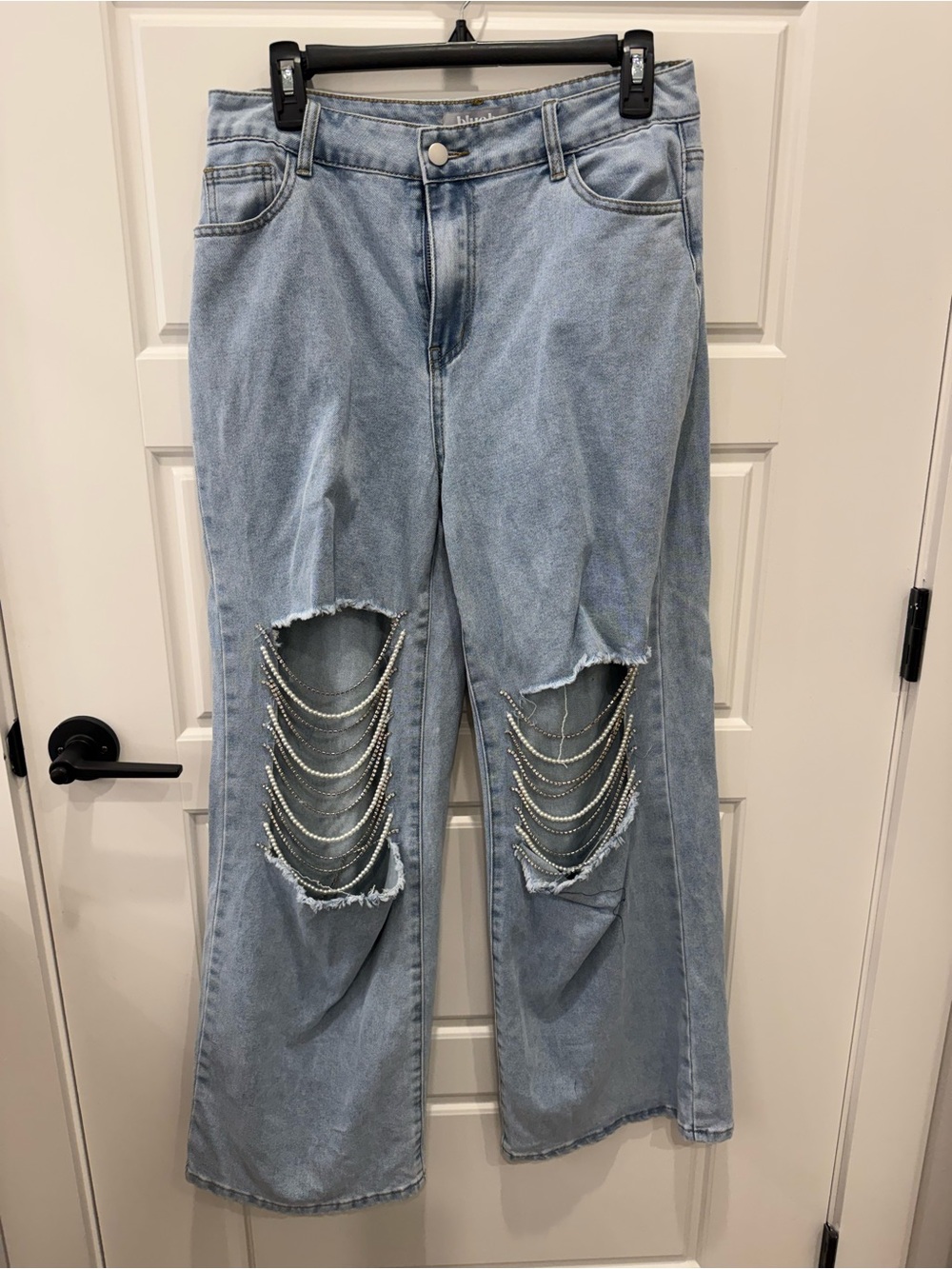 Light Blue Flare Jeans, distressed, with Rhinestone and Pearl Chain Detail